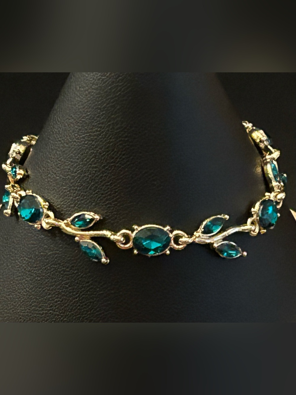 Gold-Tone Line Bracelet w/Deep Green Crystal Vine Accents - Secure Clasp